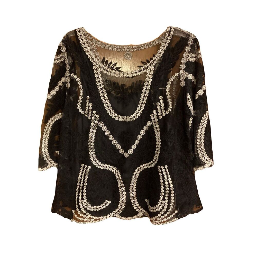 Sheer Top Women’s Black White Embroidered 3/4 Sleeve Blouse Sz M
